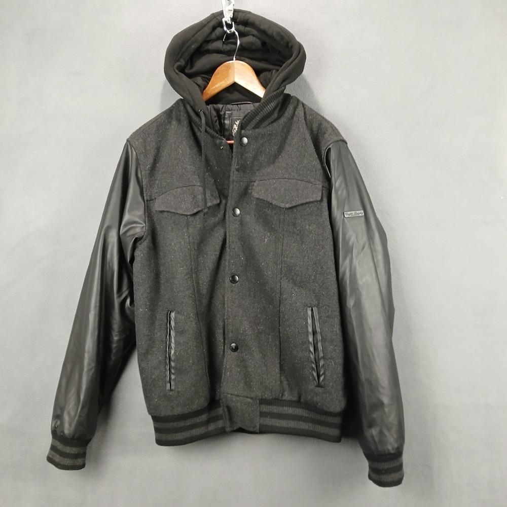 English Laundry Jacket Mens Medium Gray Black Snap Front Hooded Water Resistance